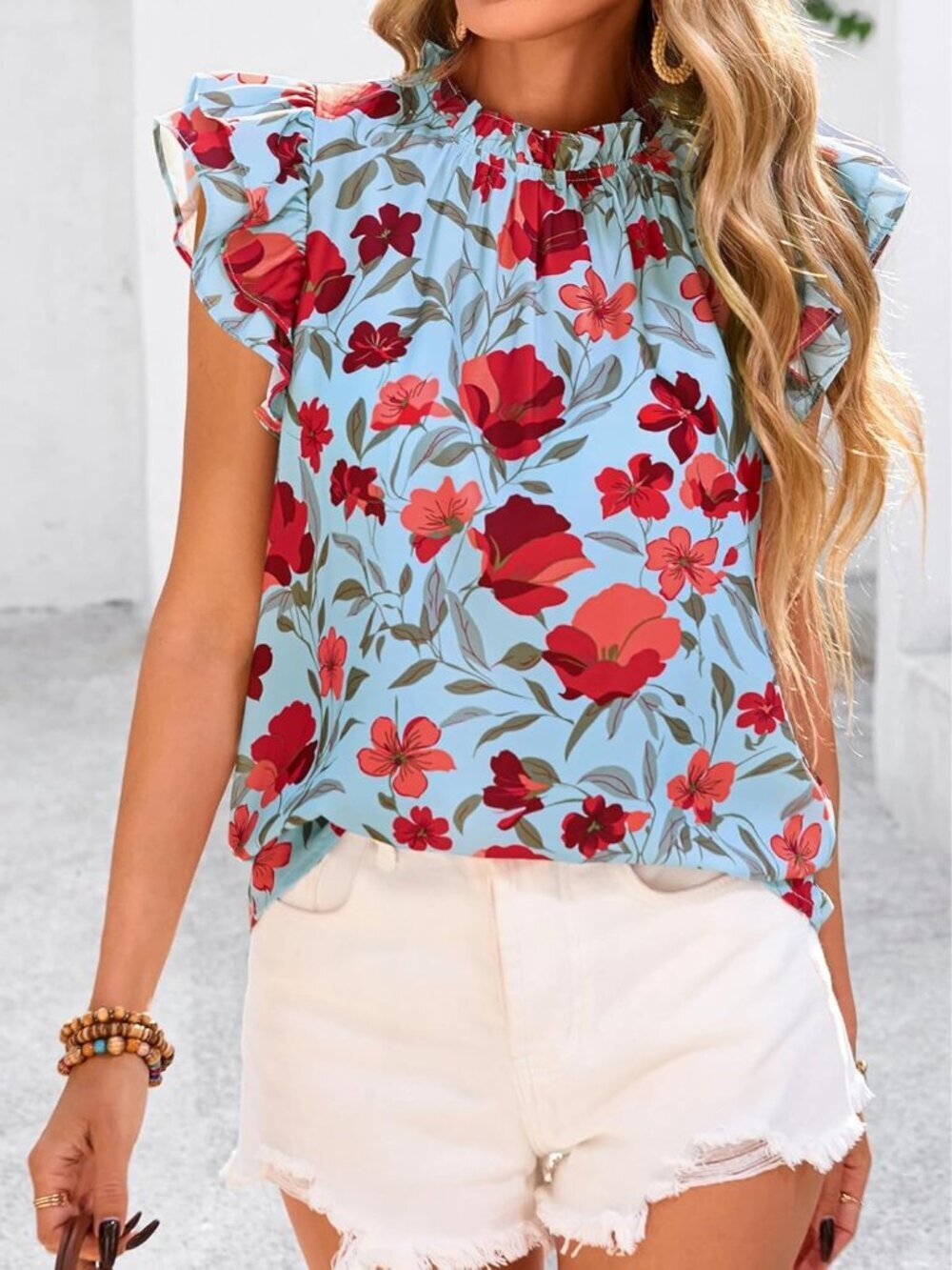 Women's Light Blue Flower Floral Trim Neck Casual Short Sleeve Summer Tops - Picture 2 of 6